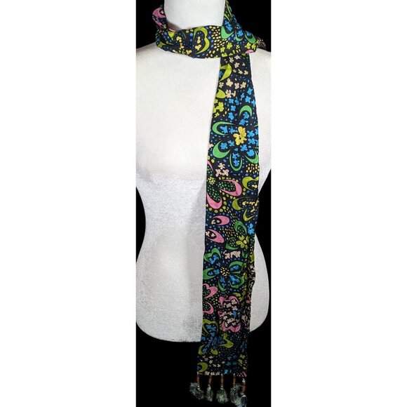 Talbots Retro Rainbow Floral Beaded Tassel Scarf - Picture 2 of 6